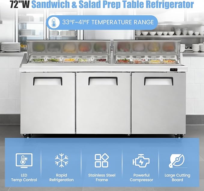 72" W Commercial Refrigerator Sandwich Salad Prep Table, Stainless Steel 3-Door Sandwich Prep Table Refrigerator, Counter Fan Cooling Refrigerator with 18 Pans for Restaurant, Bar