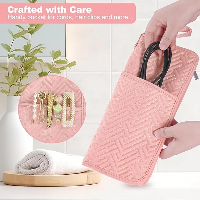 SITHON Hot Iron Holder & Mat, Heat Resistant Hair Tools Travel Bag Portable Hot Tools Organizer Cover Pouch for Curling Irons, Flat Irons, Hair Straightener and Styling Tools (Bag Only) (Pink)
