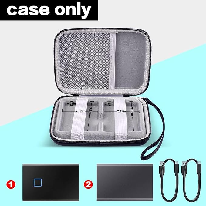 Case Compatible with Samsung T7/ for T7 Touch Portable SSD - 1TB, 2TB, 500GB USB 3.2 External Solid State Drive. Carrying Travel Box for 2 Pack Samsung SSD and Cables (Box Only) - Black
