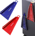 WORKPRO Magnetic Wrench Organizer, 15-Slot Gripper Reverse Wrench Holder for Tool Box, 2-Pack Wrench Rack Fits SAE (1/4” to 1-1/16") and Metric (6mm to 27mm), Flexible Grips, Blue and Red