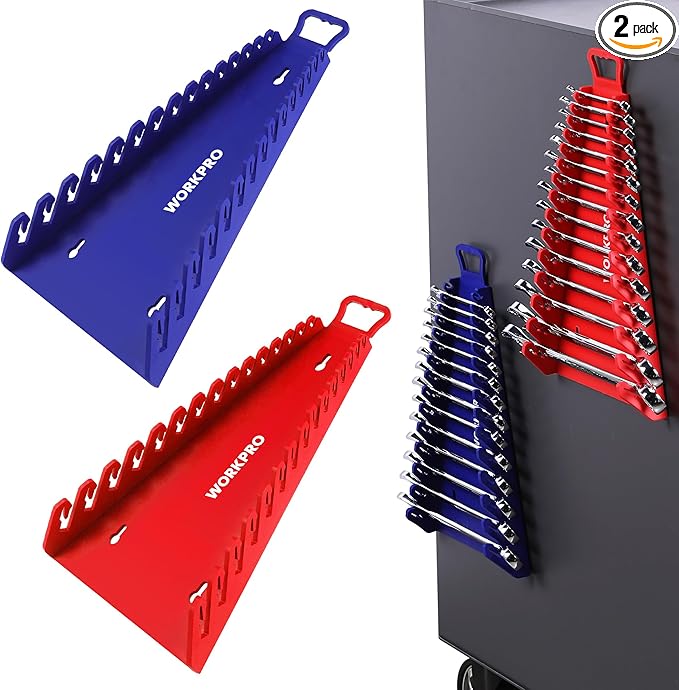 WORKPRO Magnetic Wrench Organizer, 15-Slot Gripper Reverse Wrench Holder for Tool Box, 2-Pack Wrench Rack Fits SAE (1/4” to 1-1/16") and Metric (6mm to 27mm), Flexible Grips, Blue and Red