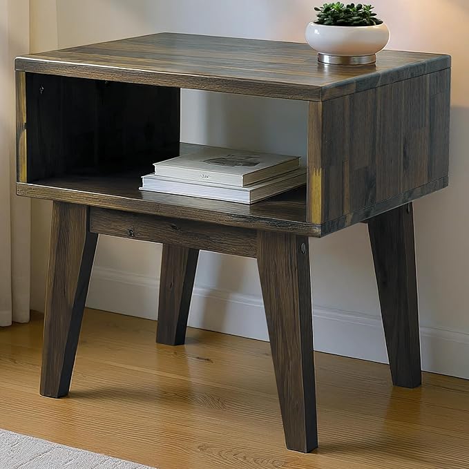 Acacia Serena Nightstand Solid Wood Nightstand with Open Storage Shelf, Wood Bedside Table, Night Stands for Bedroom - Mocha