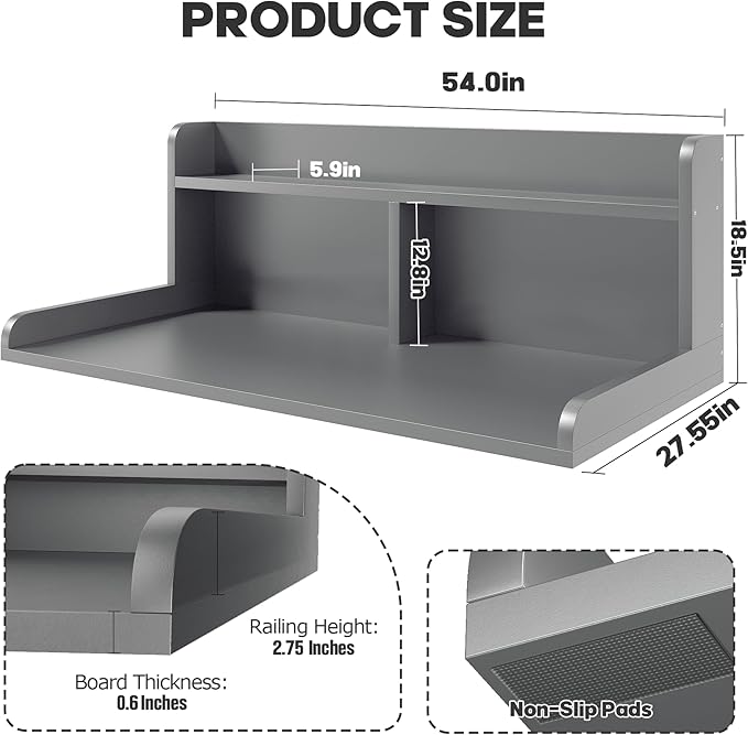 2-Tier Washer Dryer Countertop, 18.5" Raised Height Laundry Countertop with Edge Rails and Non-Slip Pad, 54" W x 27.55" D Washer and Dryer Topper for Laundry Room Storage Organization (Gray)