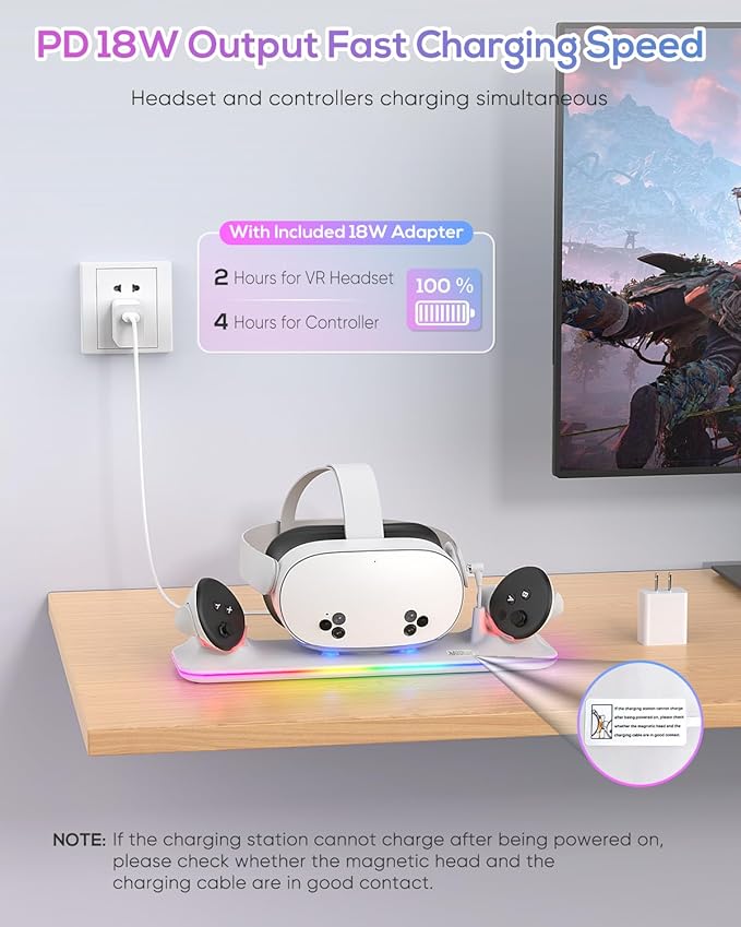 Charging Dock for Meta Quest 3S/Quest 3, Kinwin PD 18W Fast Charging Station for Oculus 3S Accessories with RGB Light, Magnetic Charger Stand for Headset/Controller with 2 Rechargeable Batteries