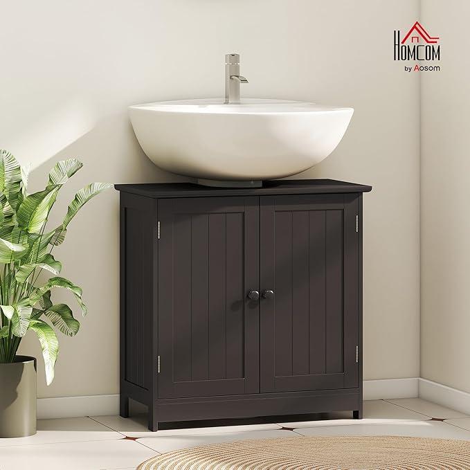 HOMCOM Under Sink Bathroom Cabinet, Pedestal Sink Storage Cabinet with 2 Doors, Shelf and U-Shape, Coffee