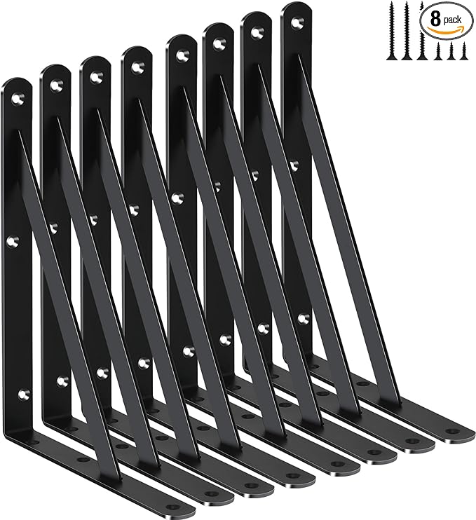 8 Pack L8 x H 6" Black Heavy Duty Shelf Brackets with Screws Metal Shelf Brackets Shelf Support Angle Brackets for Shelves L Brackets Heavy Duty Floating Shelf