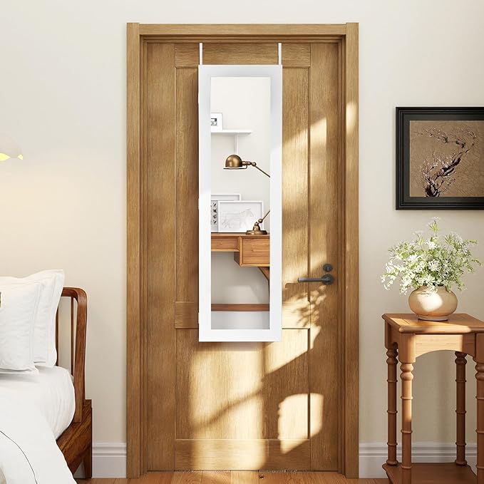 Giantex Wall Mounted Jewelry Cabinet with Full Length Mirror, Over The Door Jewelry Armoire Organizer with Large Storage, Makeup Mirror & Velvet Lining (White)