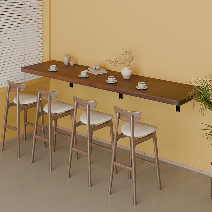 IAE Wall Mounted Folding Table with Pine Wood,60" x 16" Floating Wall Desk,Laundry Folding Table with Shelf Brackets,Fold Down Desk Shelf,Folding Workbench for Home,Dining,Laundry Room,Kitchen,Brown