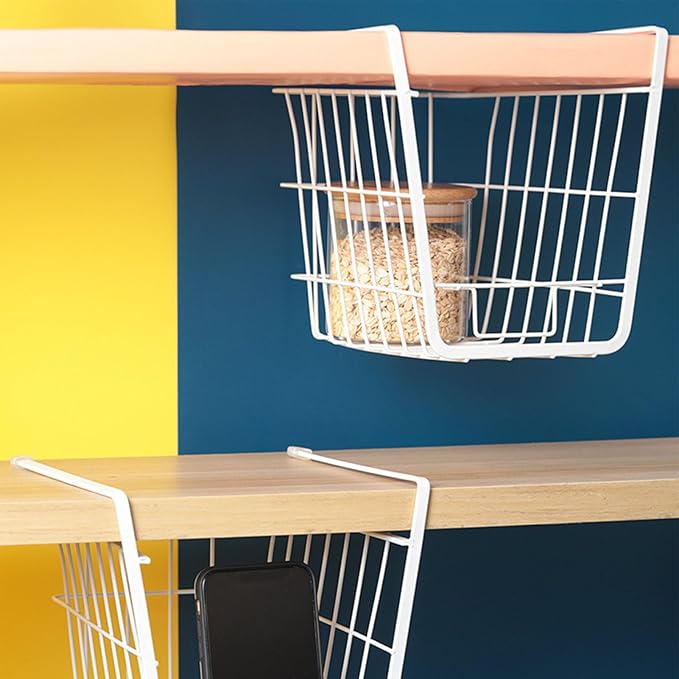 Fdit Metal Wire Rack Hanging Shelf, Under Cabinet Shelf Basket Organizer, Add On Storage Rack with Phone Holder for Kitchen, Pantry, Bathroom