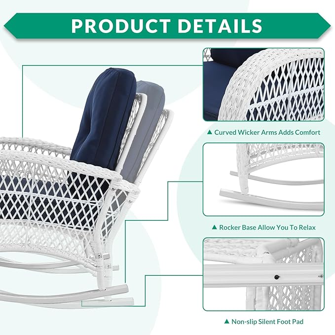 VIVIJASON 3-Piece Outdoor Conversation Bistro Set, Patio Wicker Rocking Chairs Rattan Furniture Sets w/ 2 Rattan Chairs, Cushions, Glass Top Side Table for Garden Porch Backyard (White/Navy Blue)