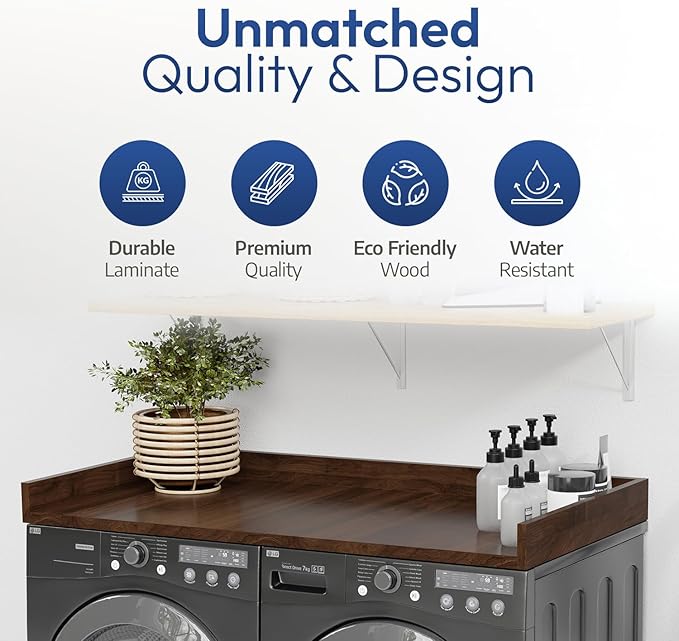 OfficeSimpli Washer Dryer Countertop, Made in USA, Non-Slip Pads, Laundry Room Wood Topper, Washer Dryer Cover for Top, Laundry Guard, Laundry Countertop (California Walnut, Standard (27.5" x 54"))