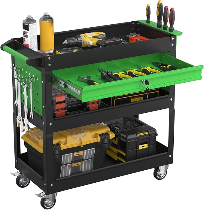 3 Tier Rolling Tool Cart On Wheels, Heavy Duty Utility Cart with Drawers, Large Storage Capability Service Cart for Garage, Warehouse and Tool Room(Black&Green)