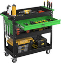 3 Tier Rolling Tool Cart On Wheels, Heavy Duty Utility Cart with Drawers, Large Storage Capability Service Cart for Garage, Warehouse and Tool Room(Black&Green)