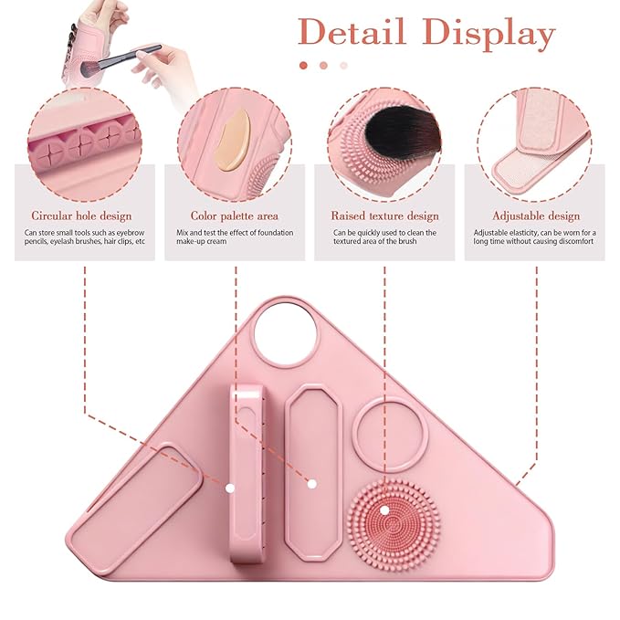 Makeup Mixing Palette Wrist Strap, Brush Storage & Mixing Tray. Silicone Makeup Mixing Palette, Multifunctional Tool for Foundation, Eyeshadow, Eyelash, Reusable (Pink)
