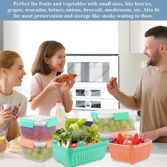 68oz Berry Keeper Fruit Storage Container for Fridge, Fresh Food Produce Saver Containers with Removable Drain Colander, Vegetable Lettuce Keeper Bowl Refrigerator Organizer, PRESS TO OPEN CLOSE LID
