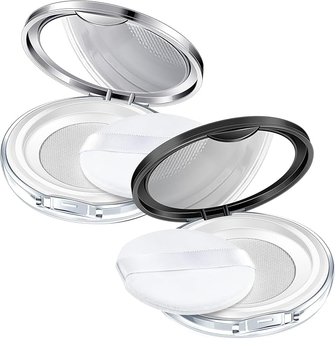 Cunhill 2 Pcs Loose Powder Container with Puff 0.17/0.7 oz Reusable Plastic Portable DIY Makeup Empty Powder Case with Mirror and Net Sifter(Silver, Black)