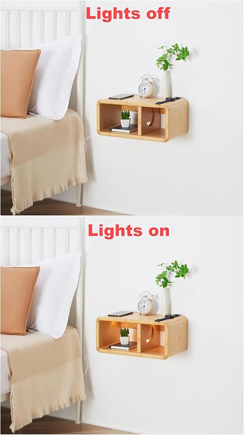 LED Floating Nightstand, Farmhouse Night Stands, 100% Solid Wood Night Stands with Magnetic Storage, Modern Bed Side Table for Bedroom