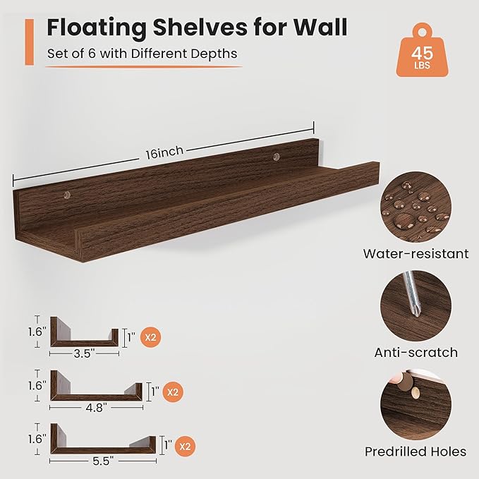 Fun Memories Picture Ledge Shelf, 16 Inch Long Floating Shelves Set of 6, Picture Shelf for Wall with Lip, Large Nursery Book Shelves for Storage, Wall Shelves for Living Room Bedroom Kitchen, Walnut