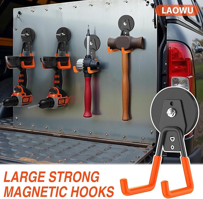 8 Pack Heavy Duty Storage Magnetic Utility Hooks Large Garage Strong Extra Magnet Hooks Hanger with Anti-Slip Coating Heavy Duty Magnetic Hooks for Hanging Power Dril Garage Garden Tools Orange