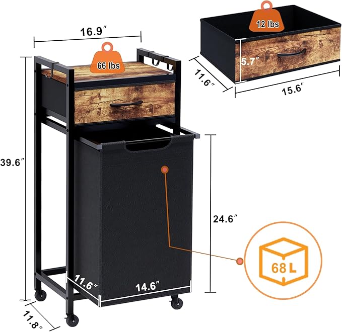 Laundry Hamper, Laundry Sorter, Rolling Laundry Basket with Drawer, 18 Gal (68 L), Pull-Out and Removable Oxford Fabric Bags, Black and Rustic Brown