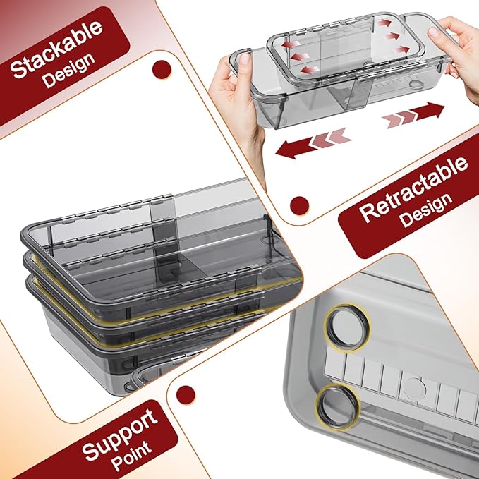 8 Pcs Extendable Clear Drawer Organizer, All Adjustable Vanity Storage Box, 2-Size Desk Drawer Organizer, Acrylic Storage Bins for Makeup, Bedroom Dressers Tool Organizer for Gadgets, Black