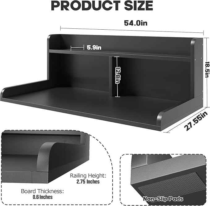2-Tier Washer Dryer Countertop, 18.5" Raised Height Laundry Countertop with Edge Rails and Non-Slip Pad, 54"W x 27.55"D Washer and Dryer Topper for Laundry Room Storage Organization (Black)