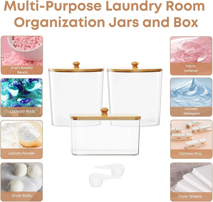 3 Pack Laundry Powder Container & Dryer Sheet Holder, Large Plastic Laundry Room Organization and Storage Jars with Lids, Labels & Scoops for Powder, Detergent, Scent Booster