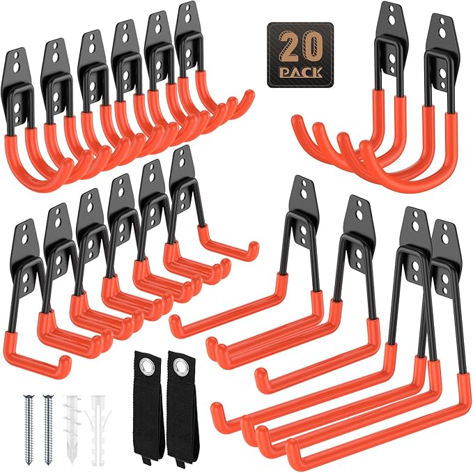 20 Pack Utility Steel Heavy Duty Wall Mount Garage Hooks,with Anti-Slip Coating,for Hanging Bikes,Ladder,Ropes,Bulk Items,Power,Yard and Garden Tools