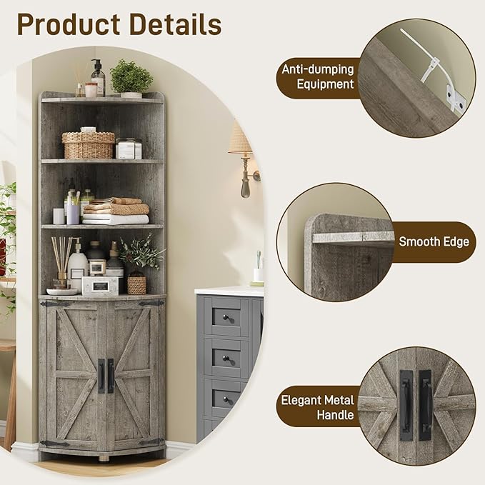 Vabches Tall Corner Cabinet, Farmhouse Corner Storage Shelf with 2 Doors and 6 Storage Shelves, Cabinet with Barn Door Design, Home Space Saver for Living Room, Kitchen, Bathroom, Grey