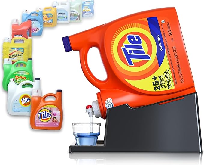 TidyFriend Liquid Laundry Detergent Holder Stand with Drip Tray & Rubber-Grip Feet, Stand for Laundry Room Organization and Storage, Fabric Softener Dispenser with Cup Holder for Easy Pouring (Black)