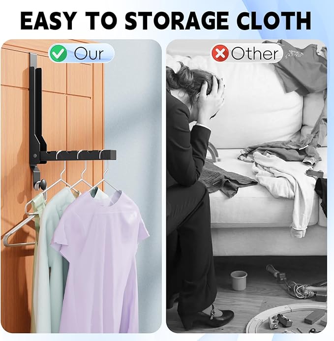 BAKON Over The Door Hanger Folding Clothes Drying Rack, Folding Hanging Coat Rack for Indoor Laundry Room Compact Small Space Foldable Portable Clothing Hanger Hook Collapsible (Black-2(Upgraded))