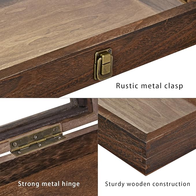 MOOCA 2 Pcs Wooden Jewelry Display Case Tempered Glass Top Lid, Gemstone Display Case, Pocket Knife Case with Metal Clasp & Removable Black Luxurious MDF Velvet Jewelry Pad, Brown Color