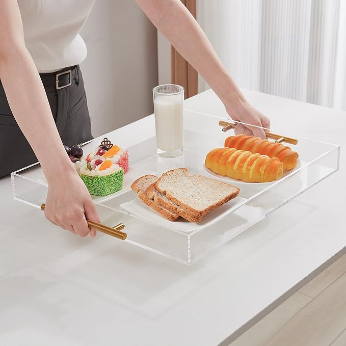 Large Clear Acrylic Serving Tray (16×18 Inches) with Gold Handles Spill Proof Acrylic Decorative Tray Organiser for Ottoman Coffee Table Countertop
