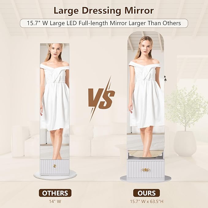 360°Swivel jewelry organizer with Full Length Mirror with Lights,Jewelry Armoires Cabinet Standing with Drawer,Large Mirror Storage for Jewelry and Makeup（White）