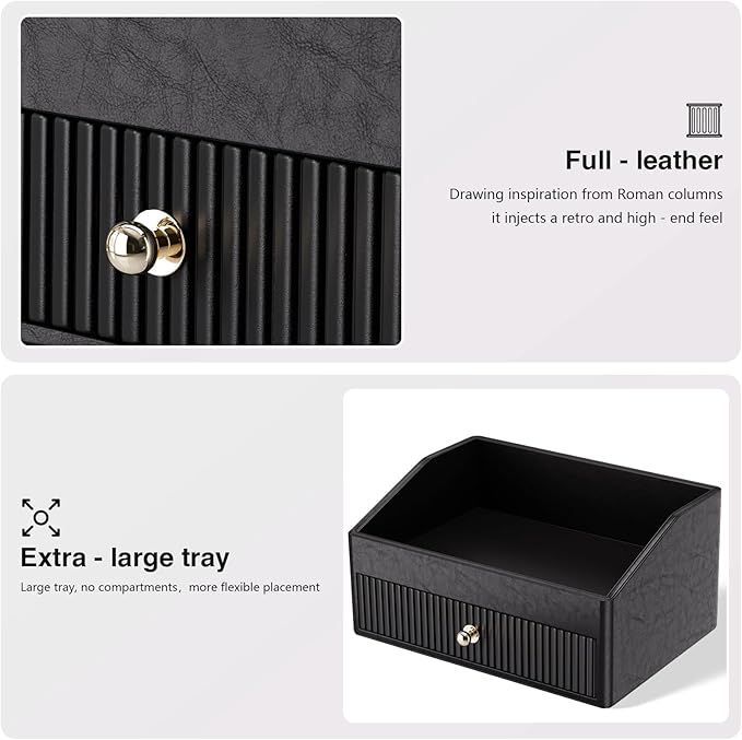 Desk Accessories,Black Vegan Leather Desk Organizers with 1 Draw & Tray,Remote Control Holder with Gold-Tone Metal Accents Knob for End Tables,Bedside Table,Bedroom