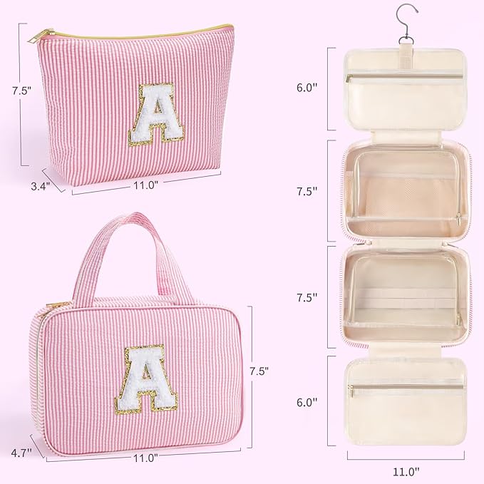 YOOLIFE Hanging Toiletry Bag for Women - Large Travel Toiletry Bag Makeup Bag, Portable Toiletries Cosmetic Bag, Airplane Travel Essentials - Letter N, Pink