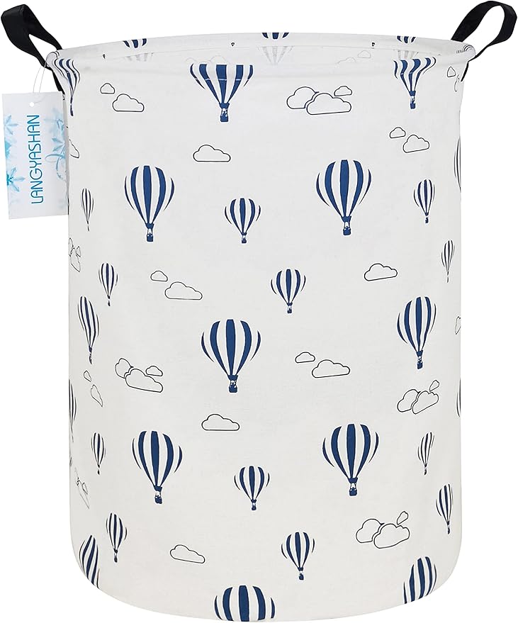LANGYASHAN Laundry Basket Canvas Fabric Collapsible Organizer Basket for Storage Bin Toy Bins Gift Baskets Bedroom Clothes Children Nursery Hamper (Round Blue Balloon)