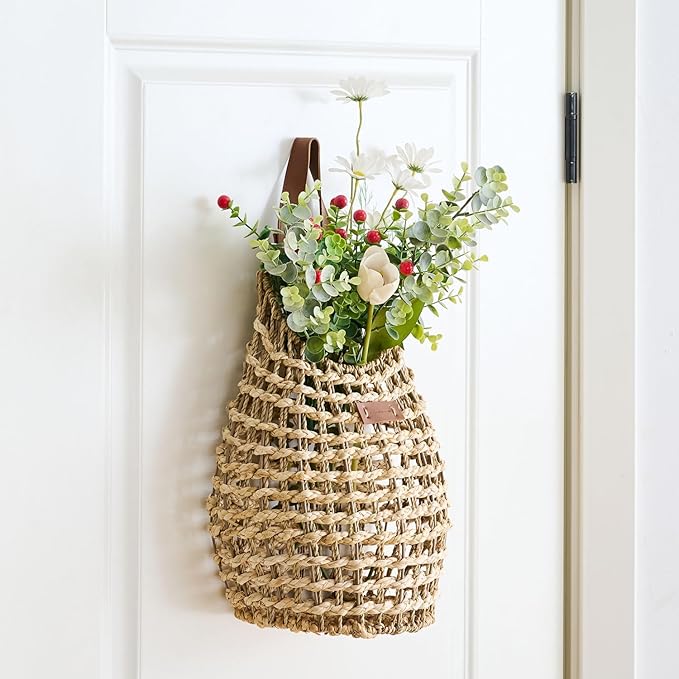 Woven Front Door Basket Water Hyacinth Wall Hanging Basket Decorative Boho Mounted Organizer for Dried Flower Plants Storage Basket for Garden, Home, and Farmhouse Décor (B_Corn Husk)
