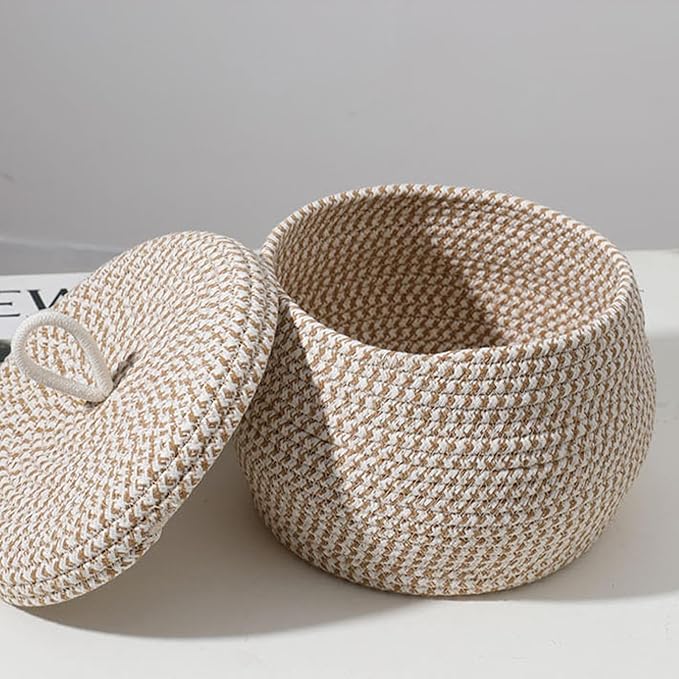 Rope Basket – Straw Woven 21x21x17cm | Round Cotton Rope Storage Basket With Lid Decorative Woven Bin | Lidded Organizer For Snacks Yarns Keys Toys Home Bedroom And Daily Use