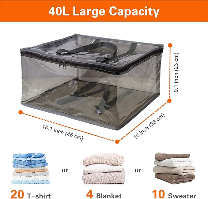 Vieshful Grey 40L Clear Clothes Storage Bag with Zipper 3 Pack Colorful Clothes Organizer Vinyl Storage Bag for Comforter, Blanket, Bedding, Duvet, Transparent Moving Totes