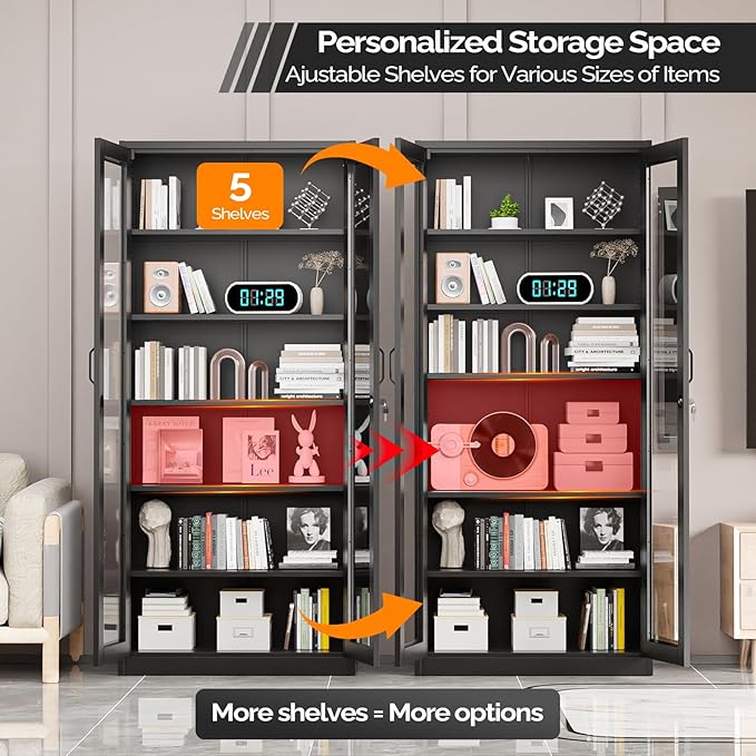 VINGLI Lockable Display Cabinet with Glass Doors & 5 Adjustable Shelves, 71" Tall Black Metal Storage Cabinet Curio Liquor, Bookshelf Bookcase for Home Office Living Room Pantry Garage