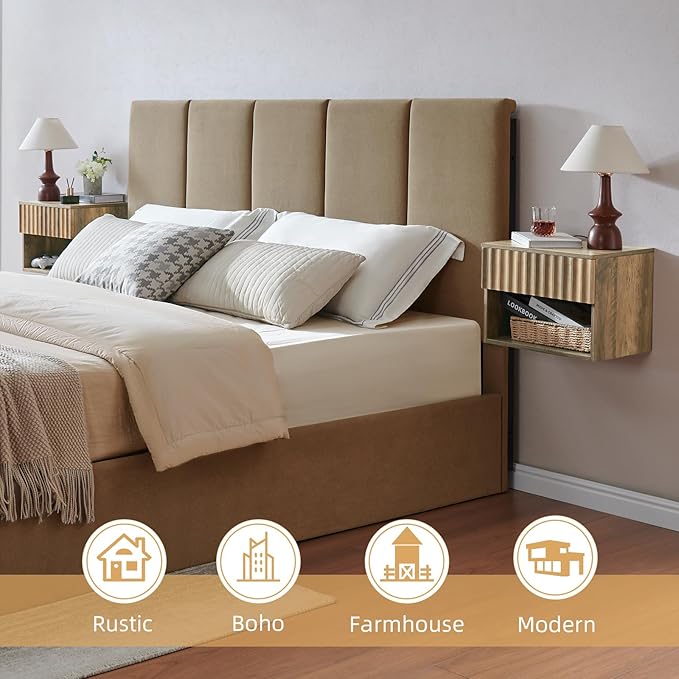 Floating Nightstand with Fluted Drawer - Modern Wall Mounted Bedside Table with Open Storage Shelf, Small Night Stand TV Stand for Bedroom(Rustic Brown, Set of 2)