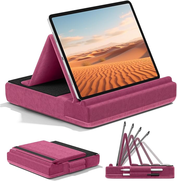 KDD Tablet Pillow Stand, Multi-Angle Viewing Ipad Holder for Lap, Bed and Desk, Foldable Soft Pad Dock with Stylus Mount Compatible with Ipad Pro 12.9, 10.5, 11, Air, Mini, Phones, Books, E-Reader