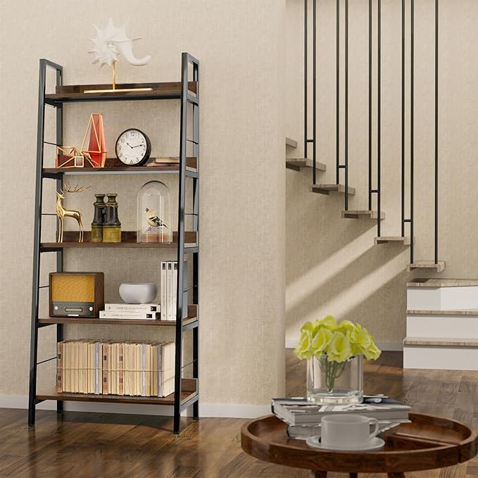 Himimi Ladder Shelf Set of 2, 5-Tier Ladder Bookcase, Industrial Bookshelf Wood and Metal Bookshelves, Plant Flower Stand Rack Book Storage Shelves for Living Room, Bedroom, Home Office, Rustic Brown