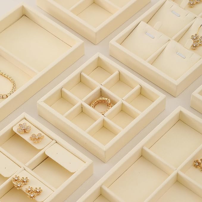 Dark Blue Jewelry Display Tray Ring Necklace Earring Bangle Organizer Multifunctional Storage Case for Jewelry Showcase (Small 9 Grids Tray(beige))