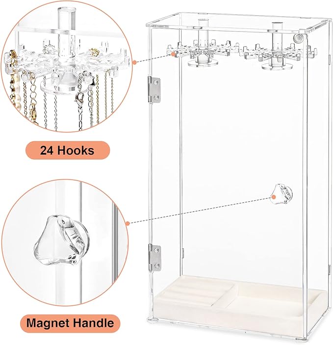 Necklace Holder, Acrylic Jewelry Organizer with 24 Hooks, Rotation Clear Necklaces Pendant Display Case Stand, Dust-proof Velvet Tray Hanging Rack Storage for Earrings Rings