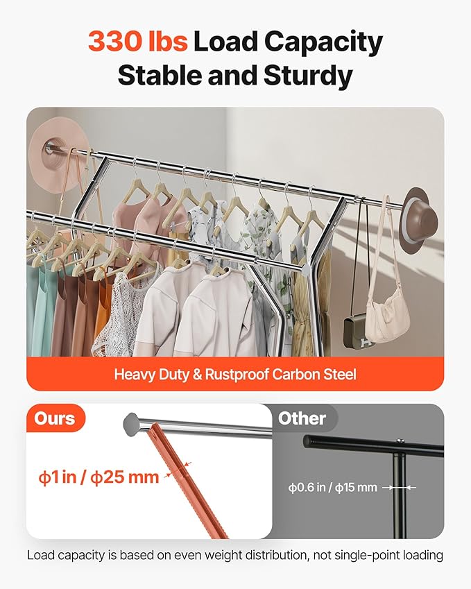VEVOR Clothes Rack, Rolling Clothing Garment Rack, Extendable Carbon Steel Clothing Racks with Wheels for Bedroom, Laundry, Living Room