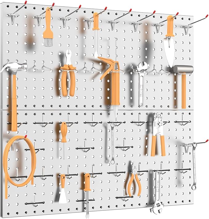 TORACK Metal Pegboard Wall Tool Organizer 24" x 24" or 12" x 48", 70 PCS Tools Storage Pegboard for Garage Peg Board Tool Organizer Board with Hooks for Workbench(Grey)