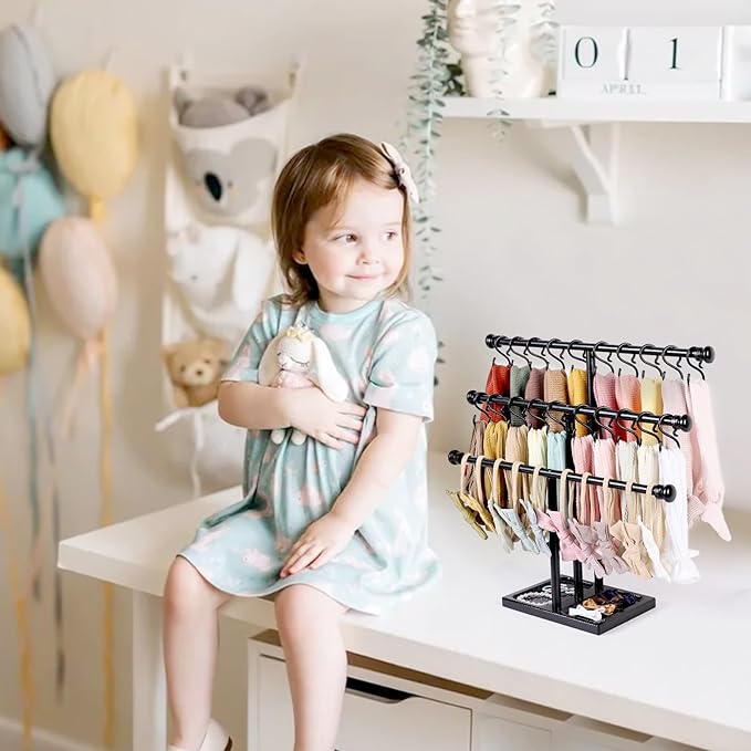 POVETIRE Headband Holder Stand Storage for Baby, 3 Tier Wooden Bow Organizer for Girls Hair Bows, Infant Hair Accessories Rack Display for Nursery Decor