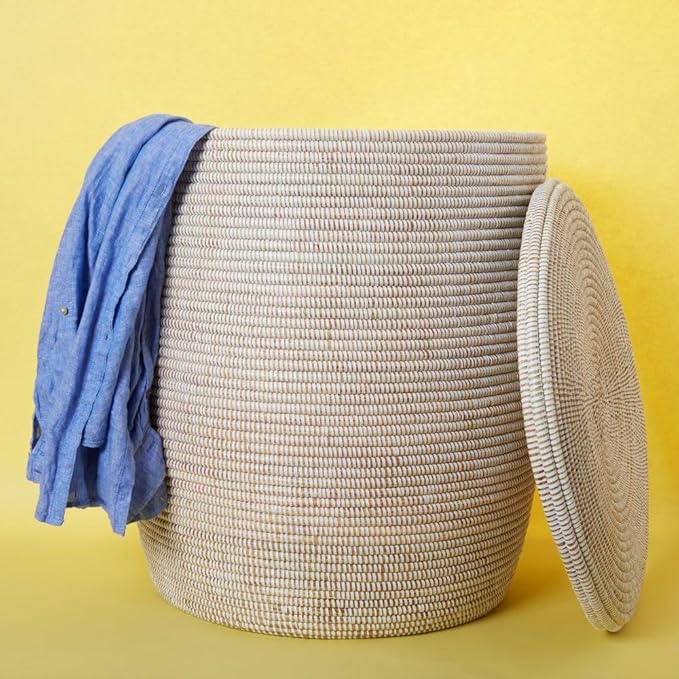 Storage & Organization, Decorative Wicker Baskets for your Home, Laundry Hamper, Baby Nursery Toys Bin, Living Room Blankets Storage, Towels Holder, Wicker, Woven, Lid, Wide, White (Large)
